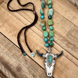 Turquoise Longhorn Heirloom Pendant Necklace | Silver - Turquoise- White Turquoise - Leather | Beaded Stones