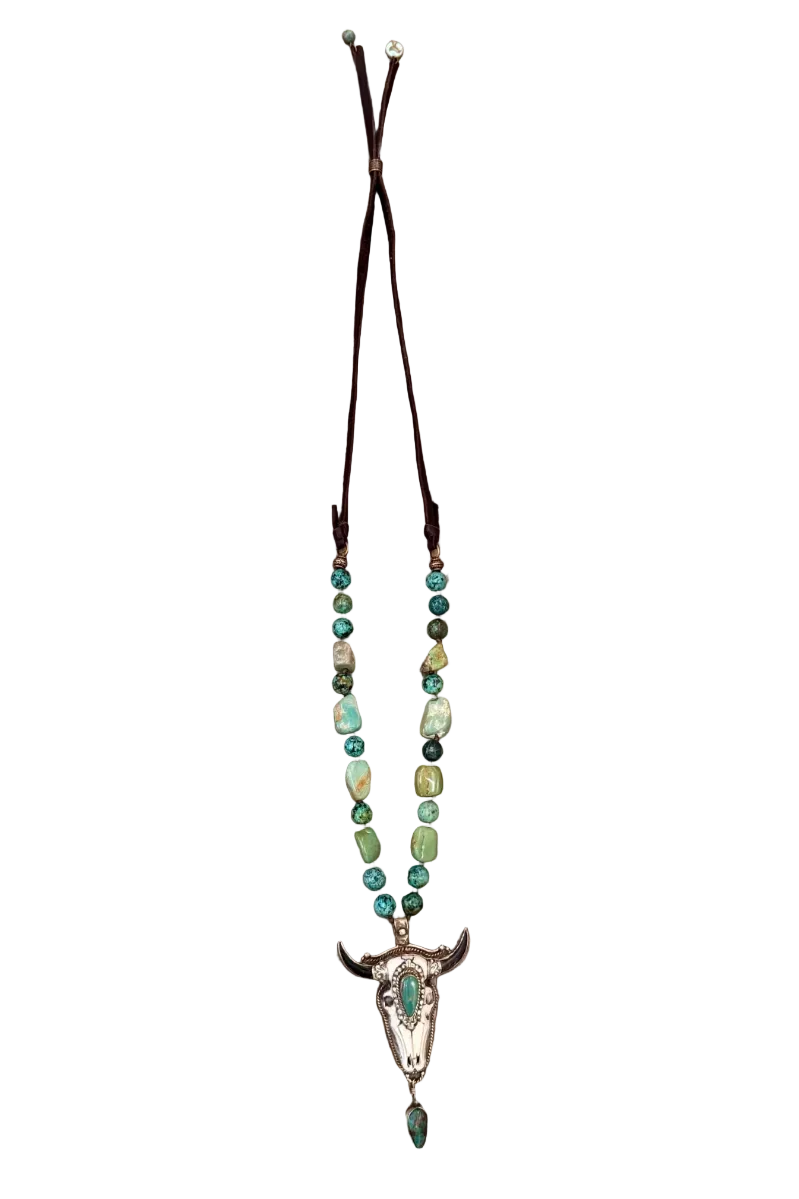 Turquoise Longhorn Heirloom Pendant Necklace | Silver - Turquoise- White Turquoise - Leather | Beaded Stones