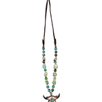 Turquoise Longhorn Heirloom Pendant Necklace | Silver - Turquoise- White Turquoise - Leather | Beaded Stones