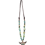 Turquoise Longhorn Heirloom Pendant Necklace | Silver - Turquoise- White Turquoise - Leather | Beaded Stones