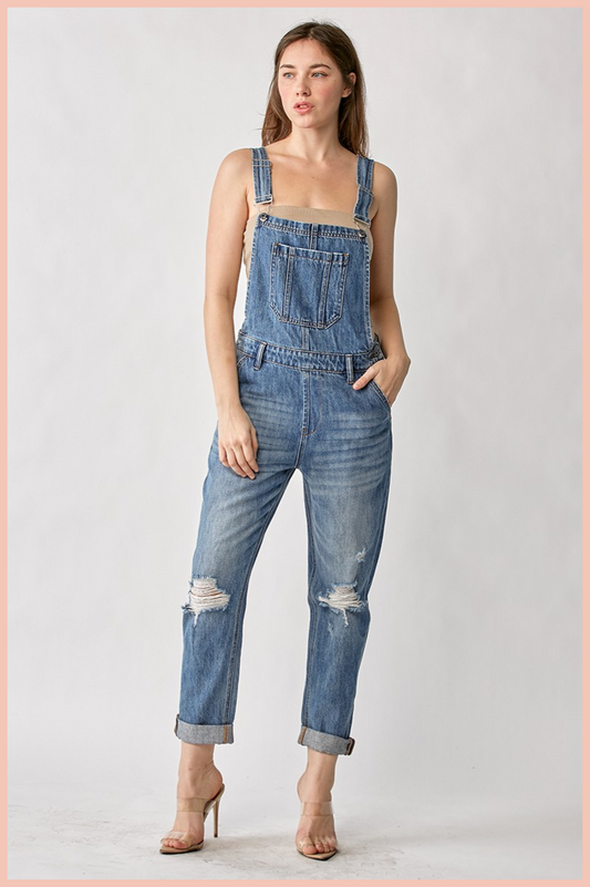 RISEN DISTRESSED RELAXED FIT OVERALL JEANS | MEDIUM WASH