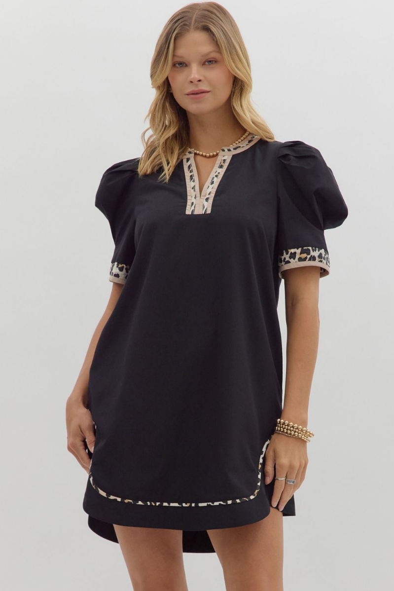 Pleated Puff Sleeve Mini Dress + Leopard Detail