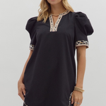 Pleated Puff Sleeve Mini Dress + Leopard Detail