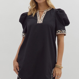 Pleated Puff Sleeve Mini Dress + Leopard Detail