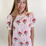 Floral Embroidery Striped Puff Sleeve Top