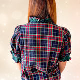 Plaid Puff Sleeve Top + Contrast Ruffle Trim