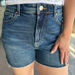 RISEN High Rise Raw Cut Hem Side Slit Shorts