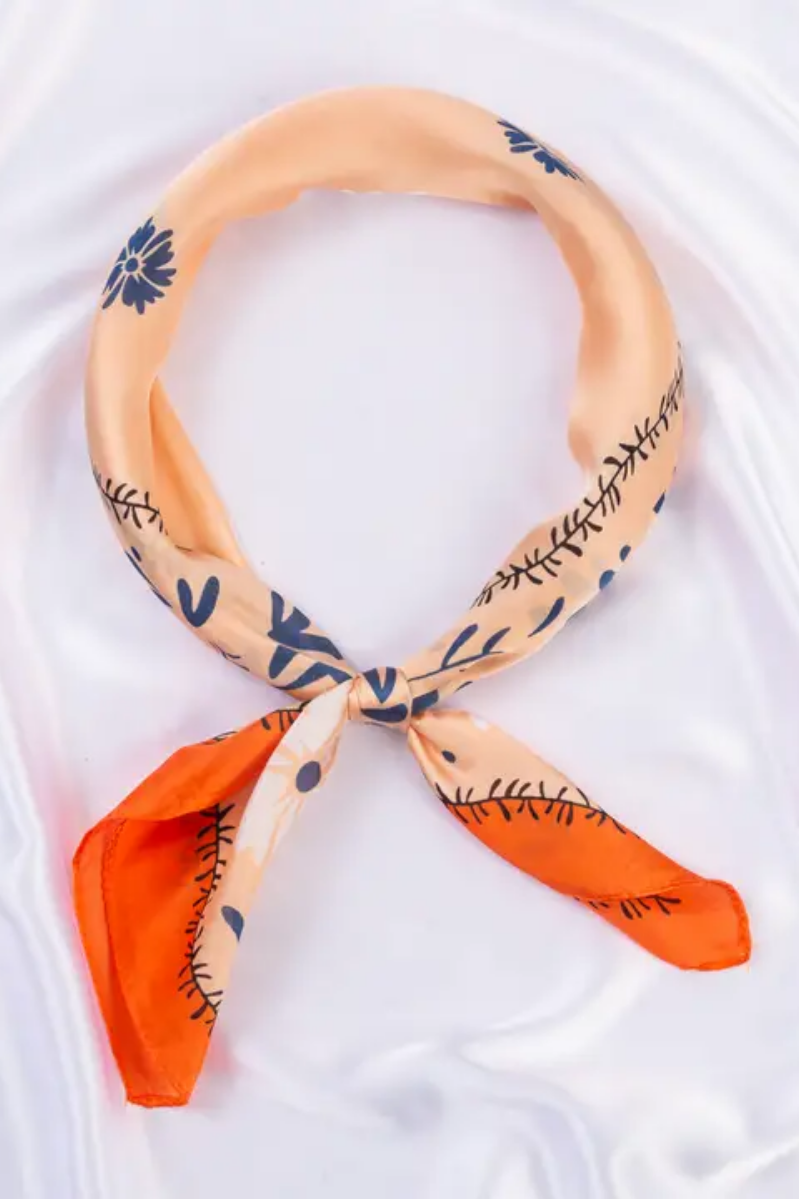 Orange Floral Silky Bandana Square Scarf