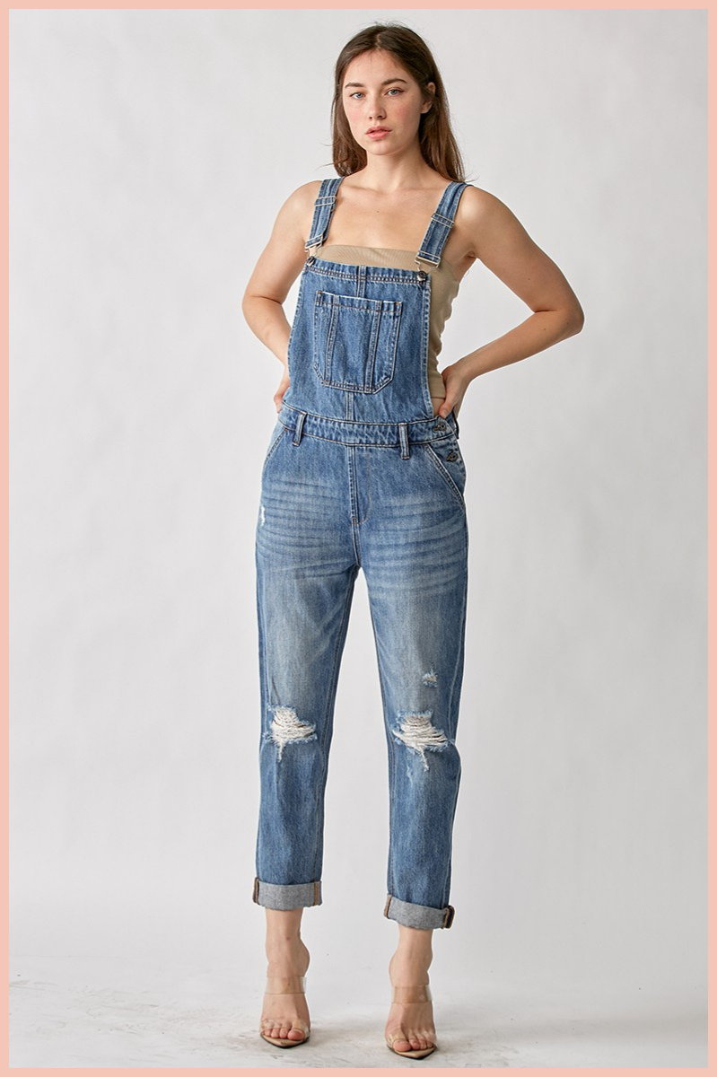 RISEN DISTRESSED RELAXED FIT OVERALL JEANS | MEDIUM WASH