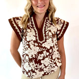Floral Print Flutter Sleeve Top + Scallop Lace Trim