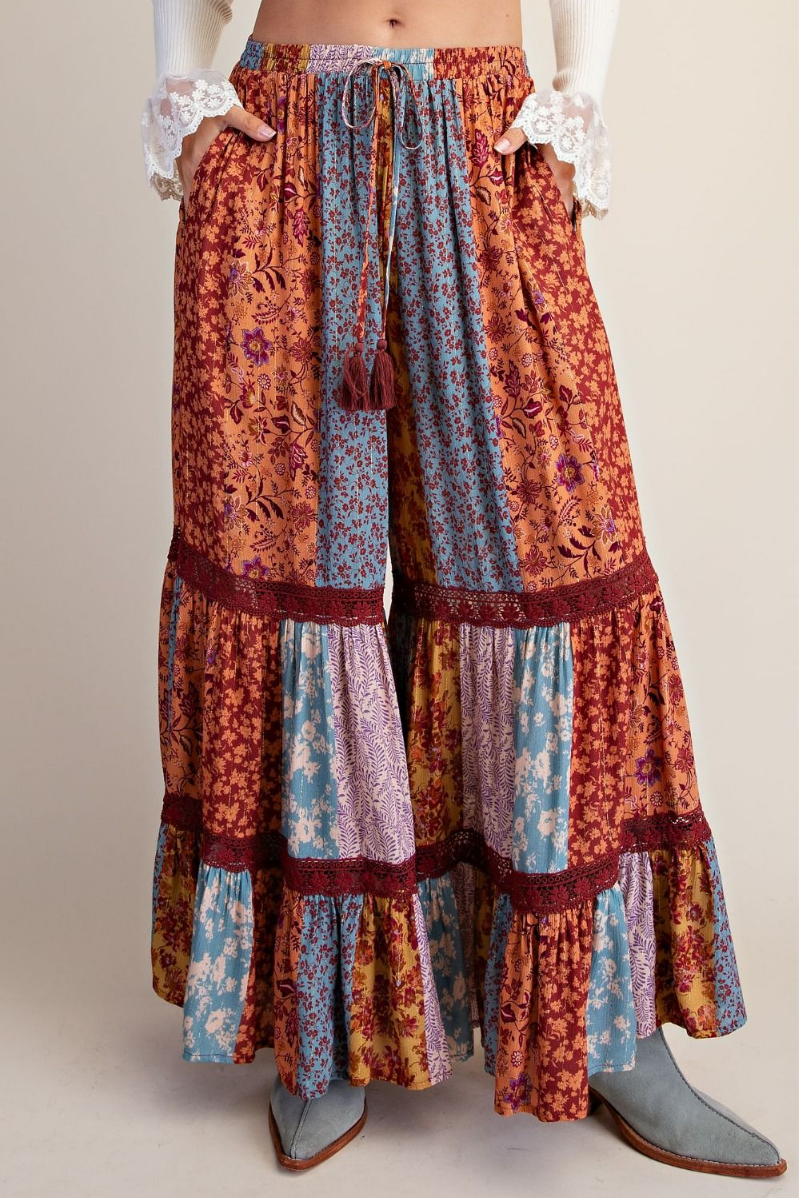 Patchwork Print Ruffle Palazzo Pants