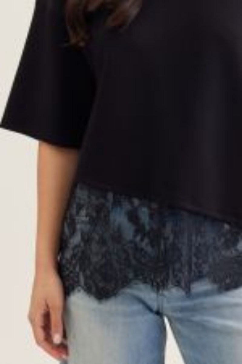 Person wearing a black top with lace trim and light blue jeans on a plain background