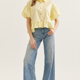 Ruffle Hem Button Front Puff Sleeve Top