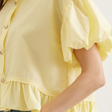 Ruffle Hem Button Front Puff Sleeve Top