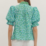 Leopard Print Ruffle Collar Puff Sleeve Top
