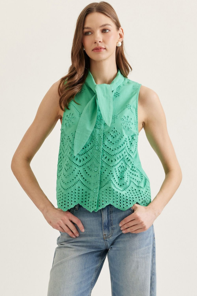 Eyelet Embroidery Tie Neck Sleeveless Top | Green