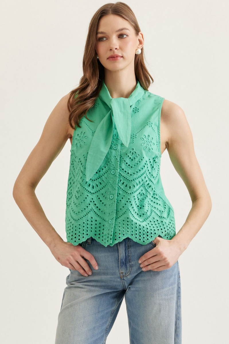 Eyelet Embroidery Tie Neck Sleeveless Top | Green