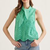 Eyelet Embroidery Tie Neck Sleeveless Top | Green