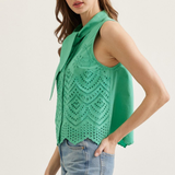 Eyelet Embroidery Tie Neck Sleeveless Top