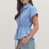 Collared Drawstring Waist Peplum Top