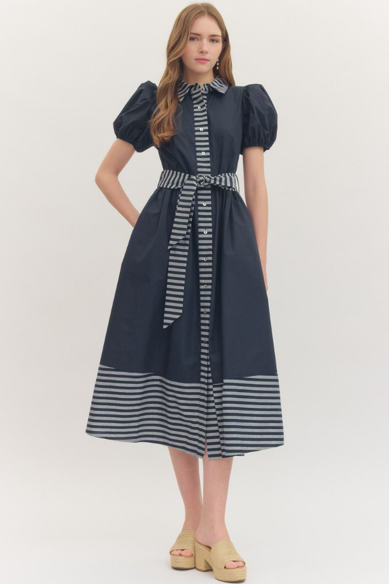 Button Front Striped Hem Midi Dress