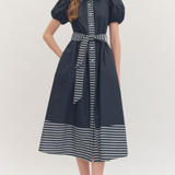 Button Front Striped Hem Midi Dress | Navy Blue
