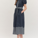 Button Front Striped Hem Midi Dress