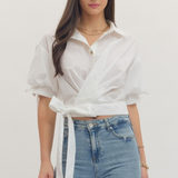 Puff Sleeve Wrap Blouse with Tie Waist