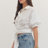 Puff Sleeve Wrap Blouse with Tie Waist