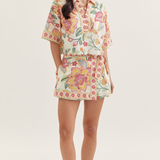 Botanical Print Split Neck Short Sleeve Top