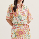 Botanical Print Split Neck Short Sleeve Top