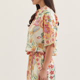 Botanical Print Split Neck Short Sleeve Top