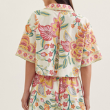 Botanical Print Split Neck Short Sleeve Top