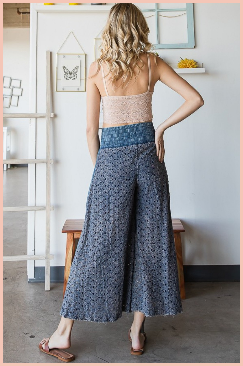 MINERAL WASHED LACE WIDE PANTS | NAVY