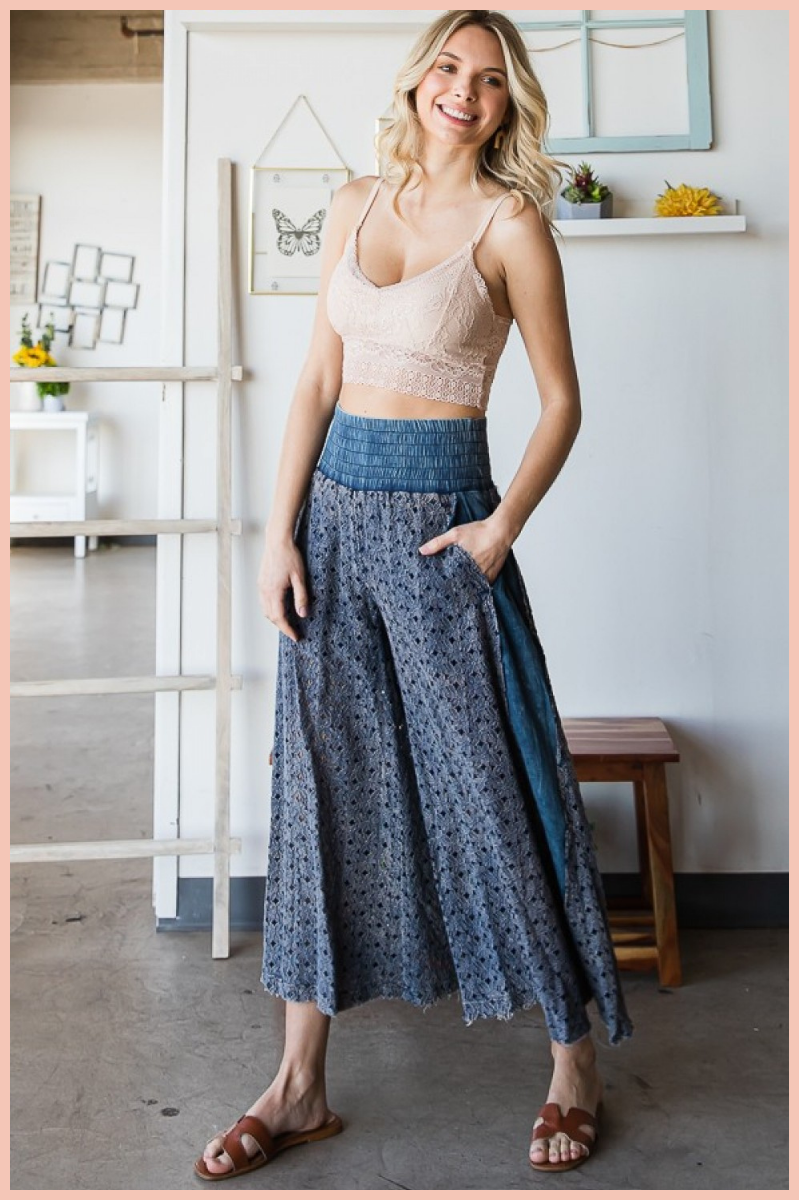 MINERAL WASHED LACE WIDE PANTS | NAVY