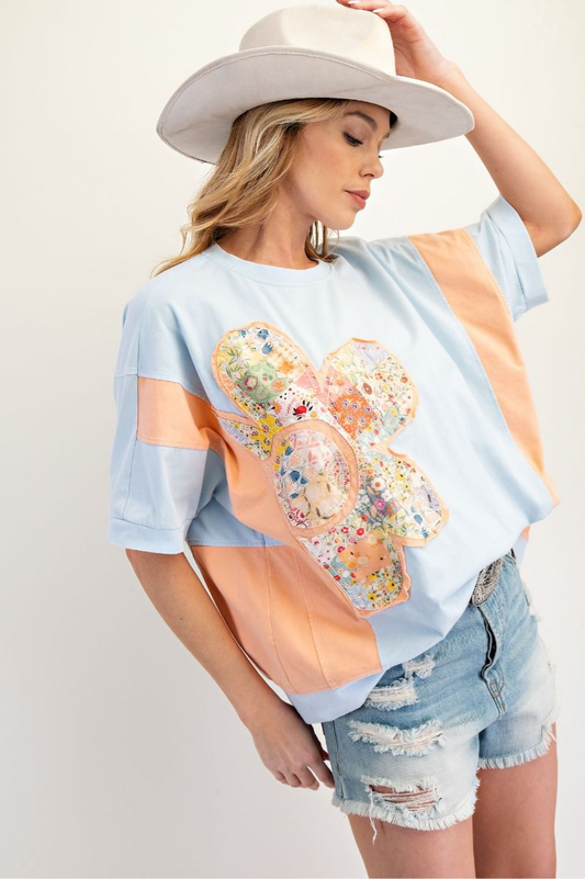 Flower Patch Color Block Top | Sky Blue