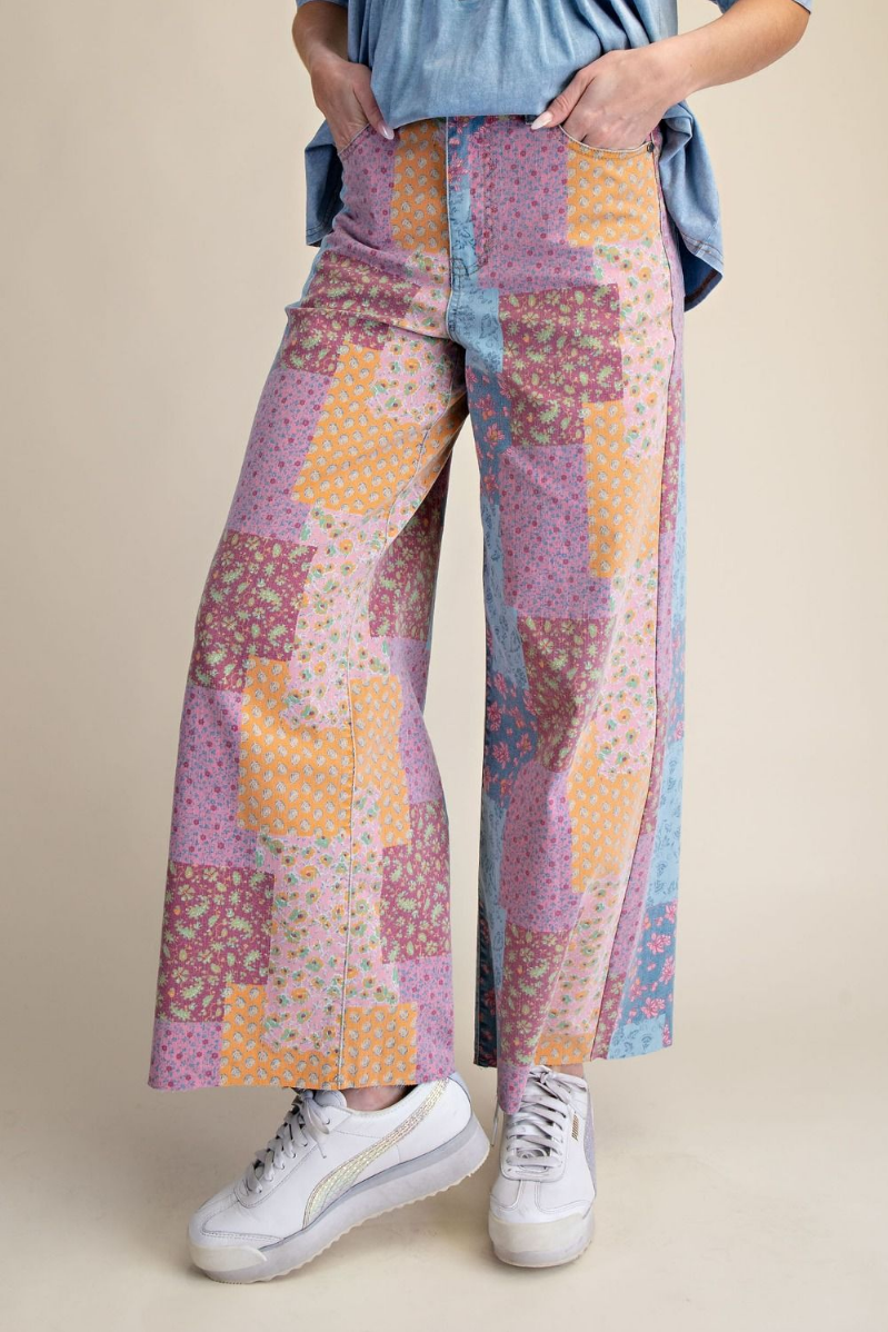 Patchwork Print Stretch Washed Twill Pants