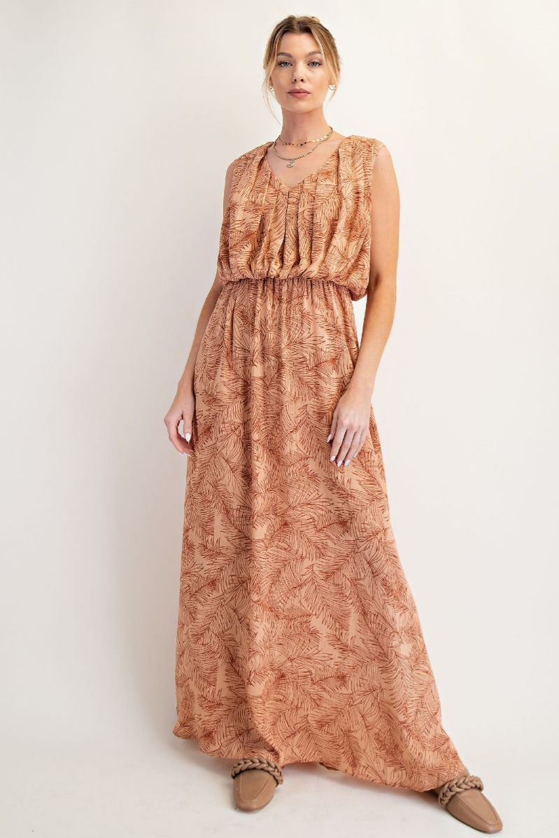 Leaf Printed Peach Blossom Maxi Dress