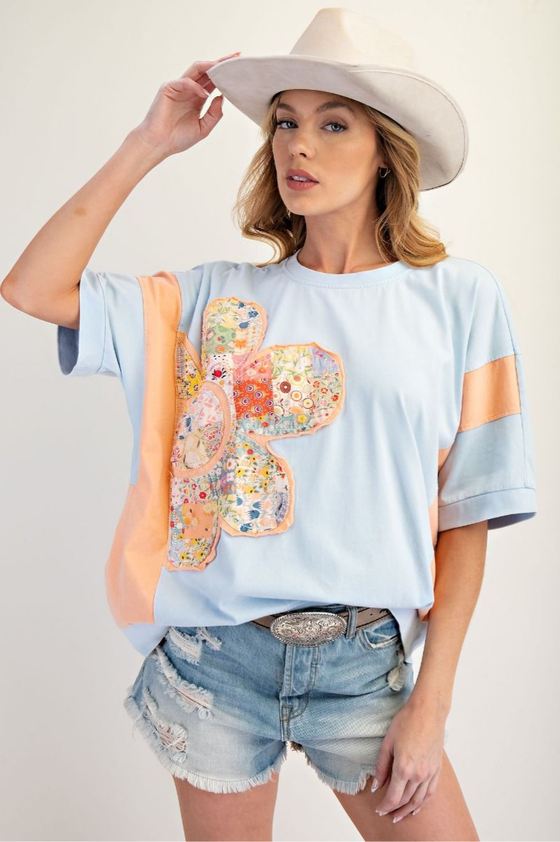 Flower Patch Color Block Top | Sky Blue