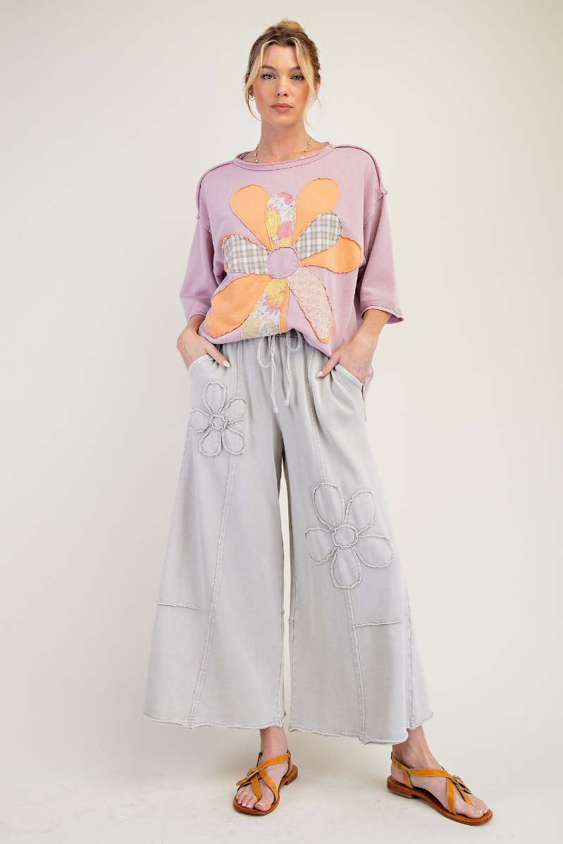 Flower Patch Mineral Washed Terry Knit Pants | Stone