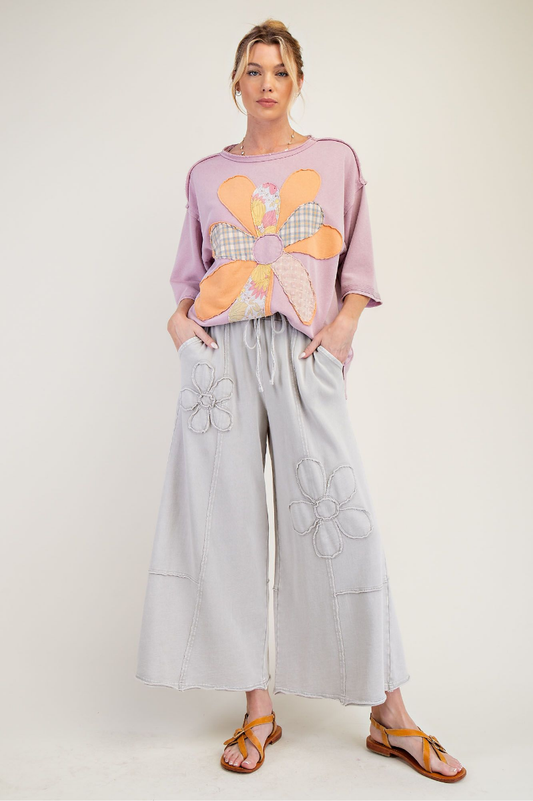 Flower Patch Mineral Washed Terry Knit Pants | Stone