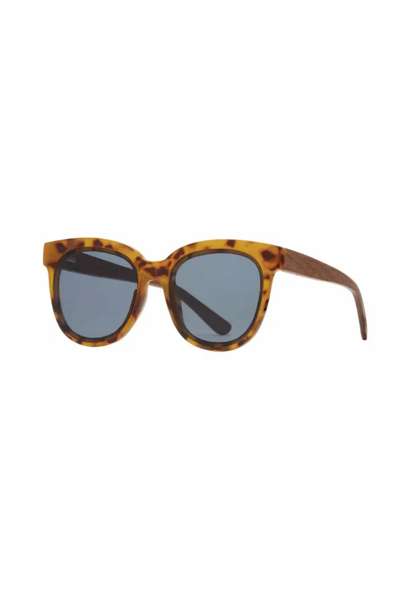 Sunglasses with tortoiseshell frame and dark lenses on a white background