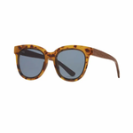 Sunglasses with tortoiseshell frame and dark lenses on a white background