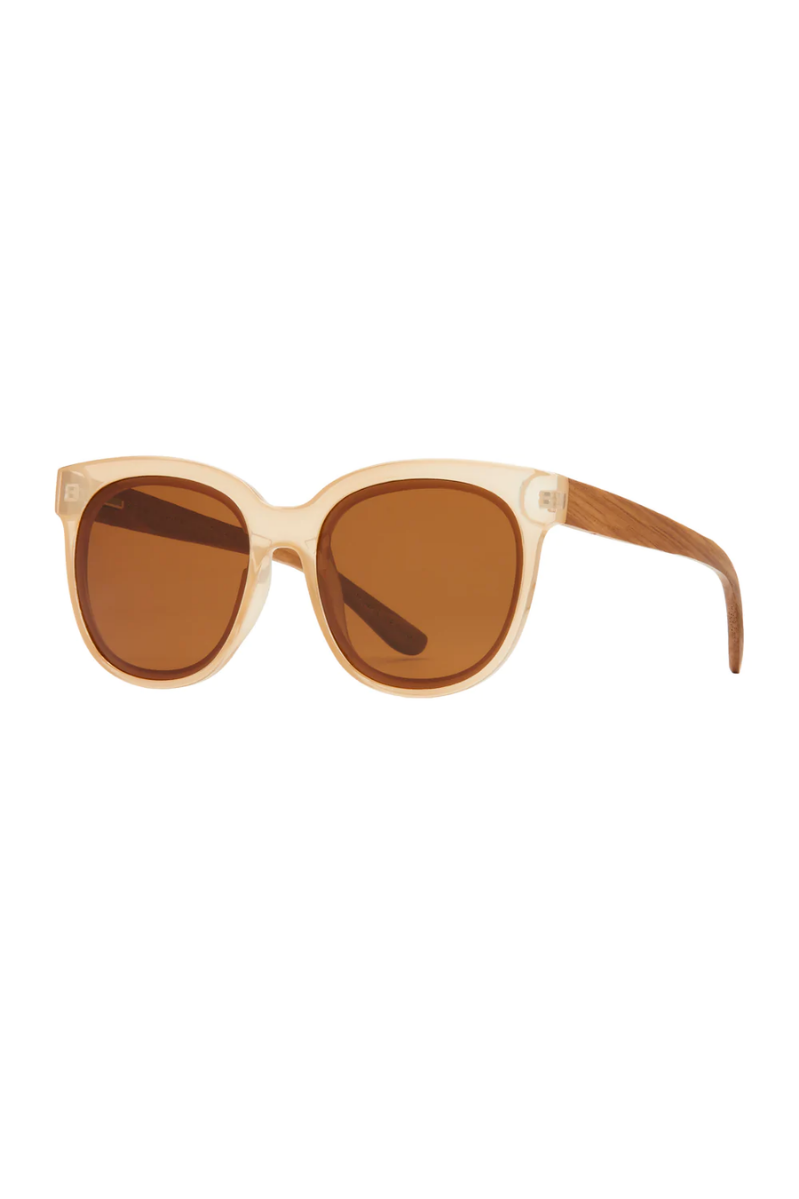Sunglasses with brown lenses and beige frame on a white background