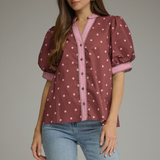 Polka Dot Contrast Trim Puff Sleeve Top