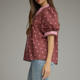 Polka Dot Contrast Trim Puff Sleeve Top