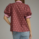 Polka Dot Contrast Trim Puff Sleeve Top
