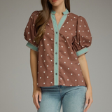 Polka Dot Contrast Trim Puff Sleeve Top