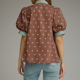 Polka Dot Contrast Trim Puff Sleeve Top