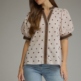 Polka Dot Contrast Trim Puff Sleeve Top